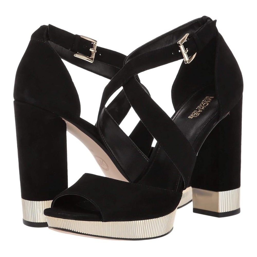 MICHAEL By Michael Kors 8 Valerie Metallic Gold & Black Suede Platform Sandals - Picture 4 of 5
